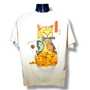 Threadless Catana Cat Samurai Japanese Beige T-Shirt, Vincent Trinidad Design XL